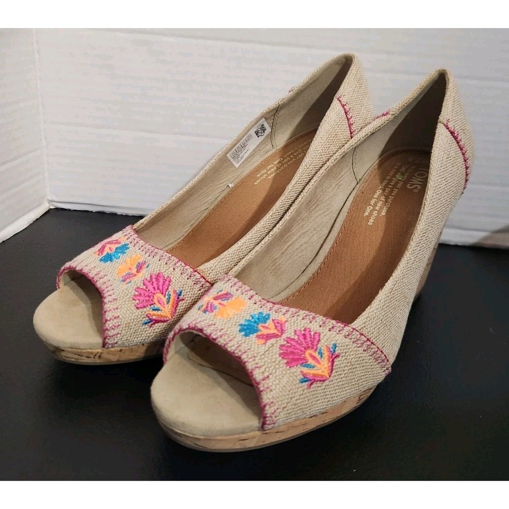 Toms Stella Natural Burlap Embroidery‎ Cork Wedge Peep Toe Heels Wide Size 7.5
